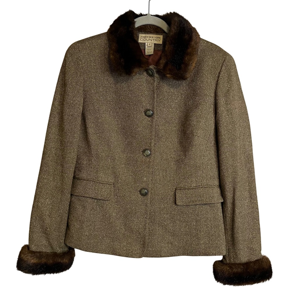 Jones New York Country Brown Tweed wool/silk faux Fur Trim Blazer Size 8